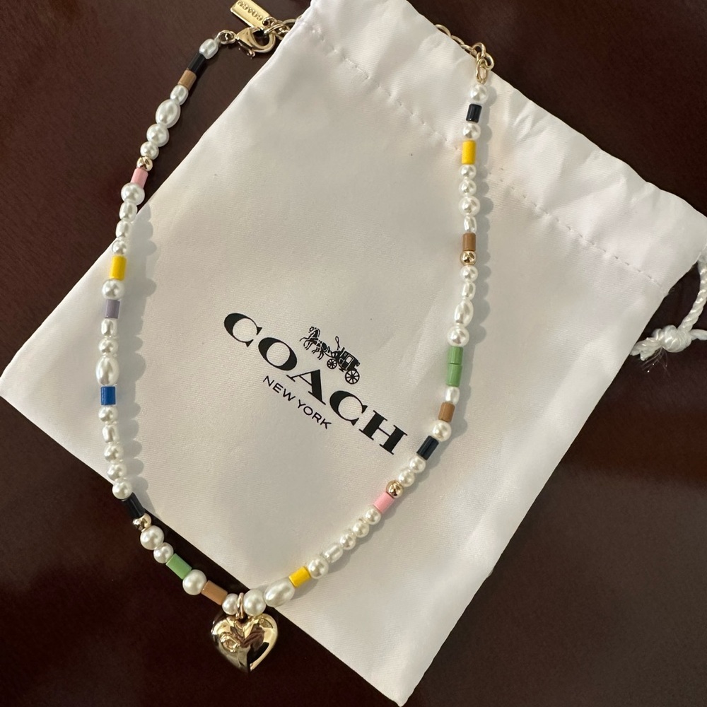 Coach Multicolor Beaded Necklace with Gold Heart